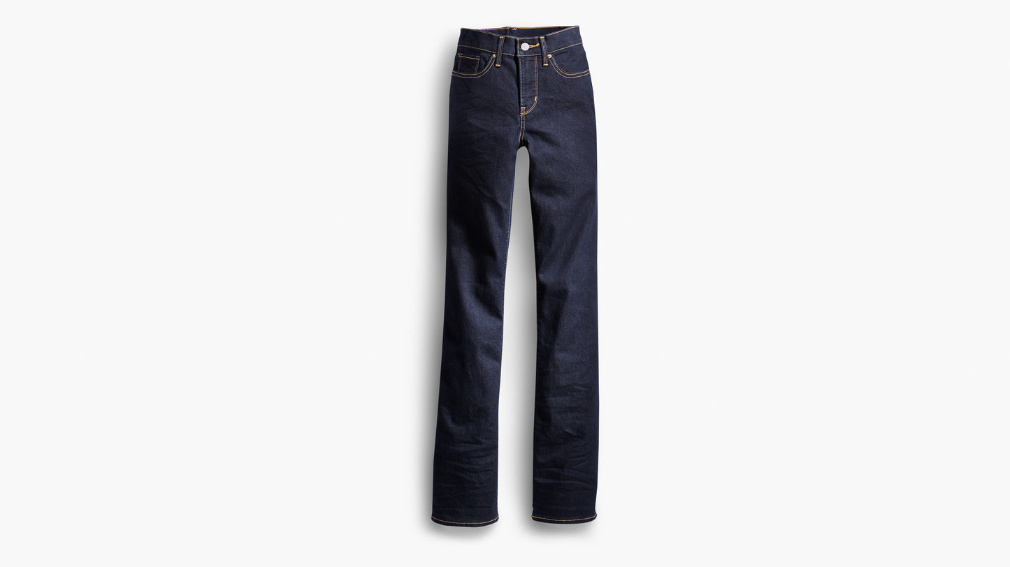 Flat lay of Levi's dark blue bootcut jeans