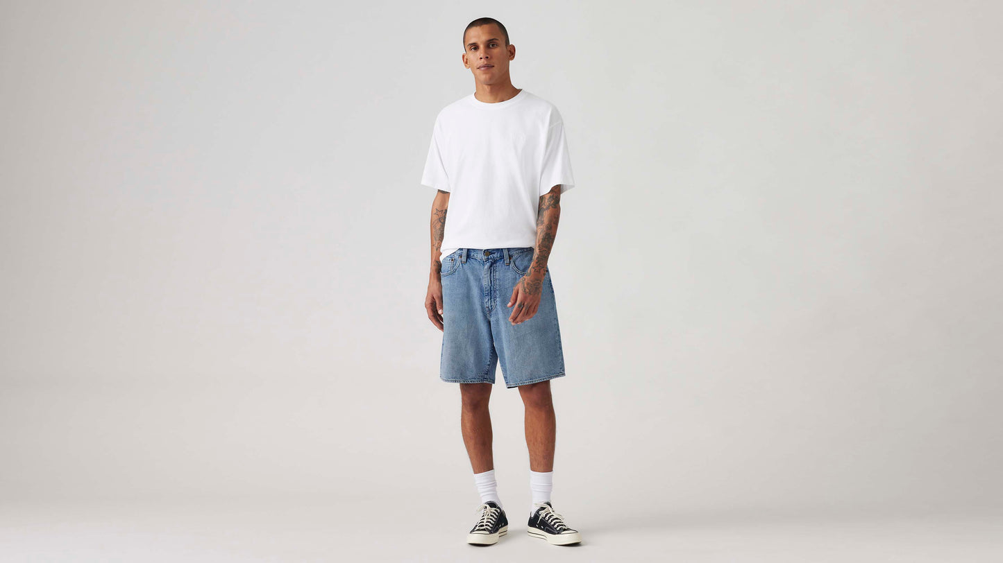 Man wearing Levi's light-blue denim shorts and tee