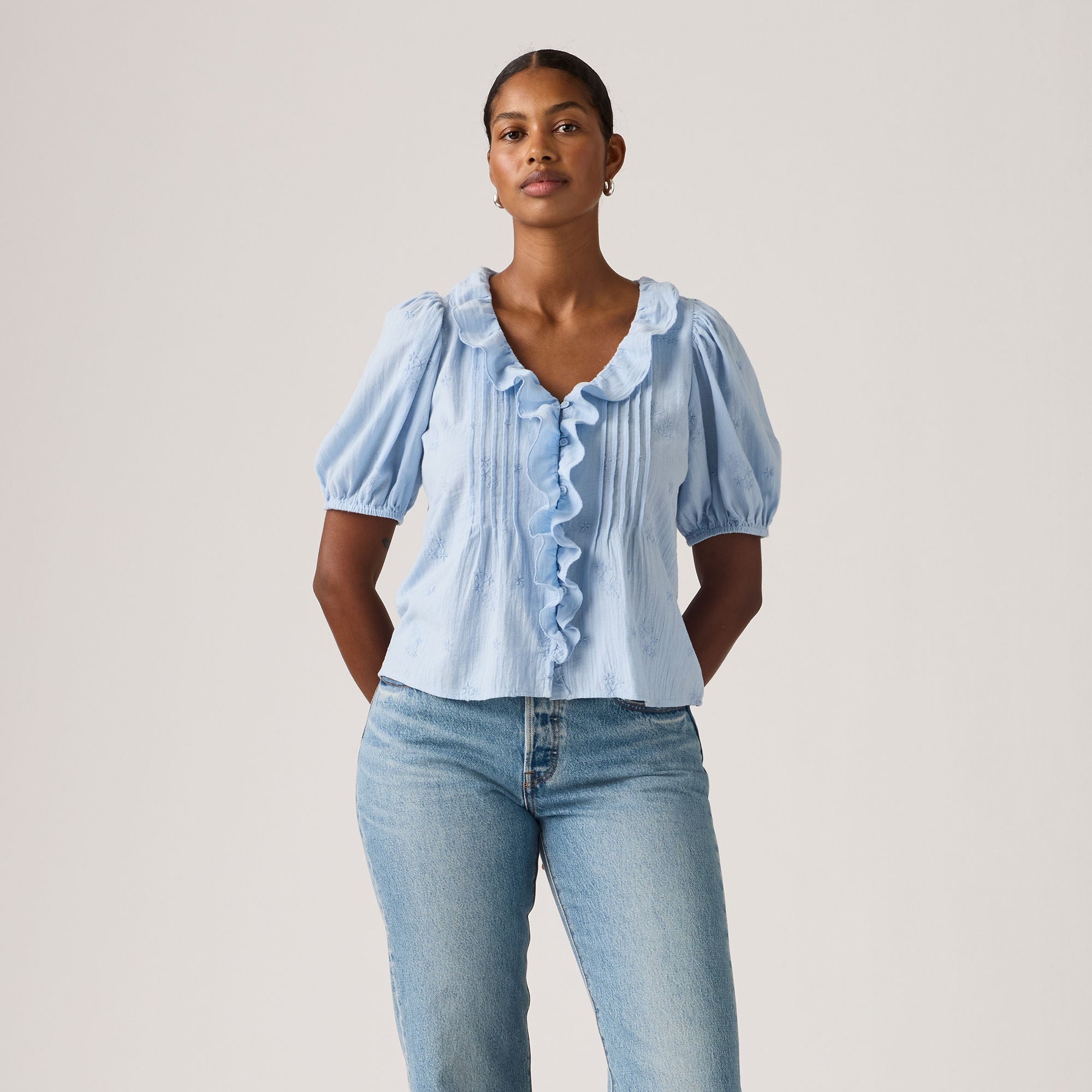 Women's Giselle Ruffle Blouse in Chambray Blue