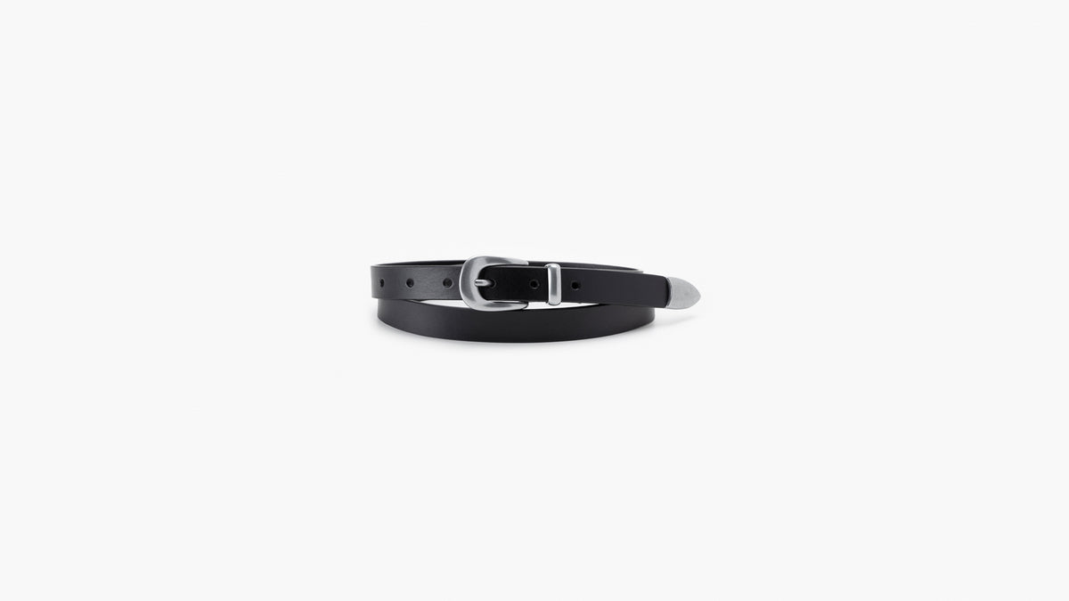 Close-up image of black Levi's belt with silver buckle