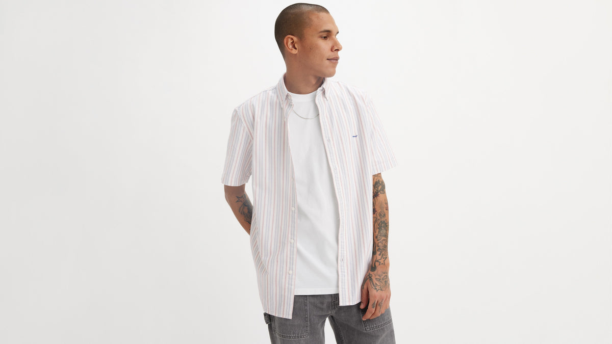 Man in white striped Levi's button-down shirts front view