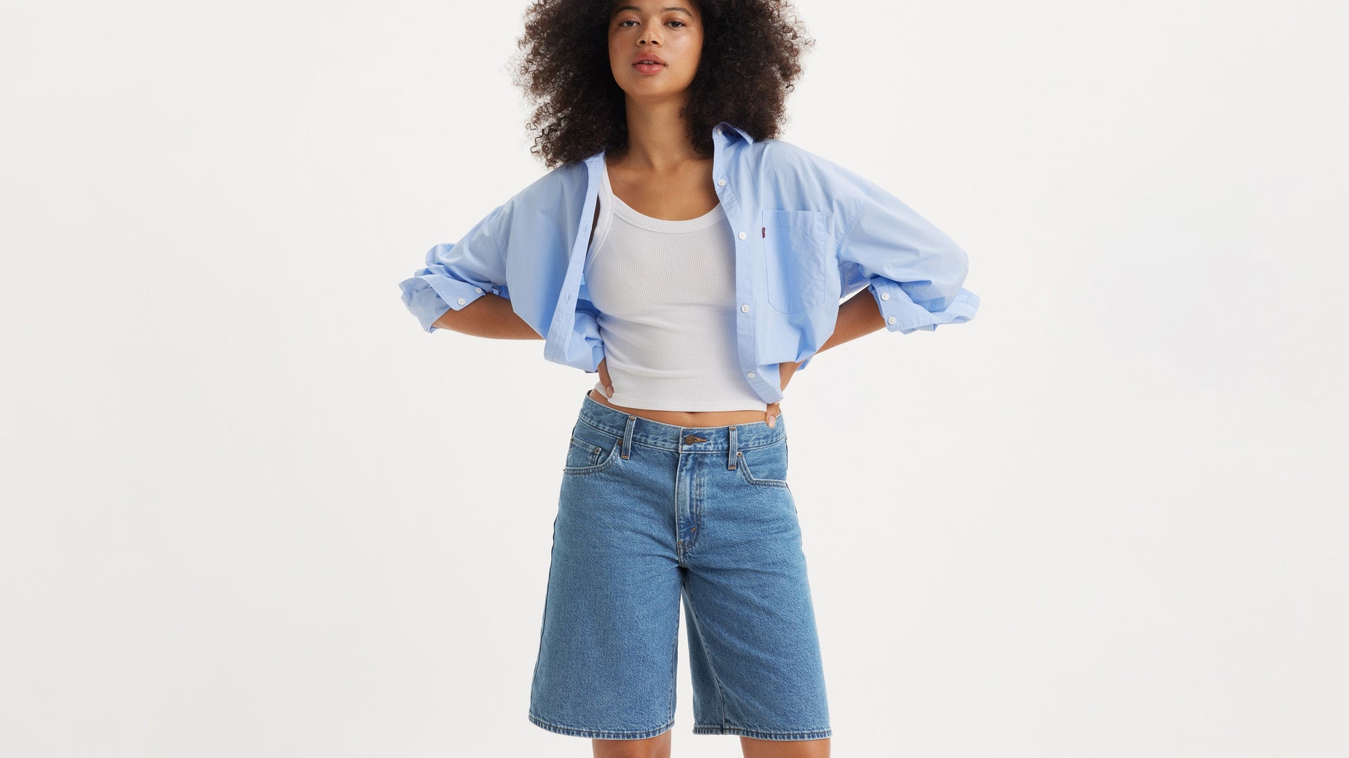 Modeled vview of Levi's polo shirt and shorts on model