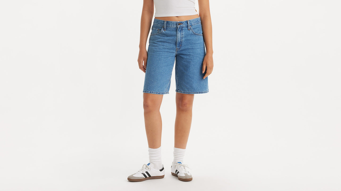 close-up view of a model wearing Levi's shorts