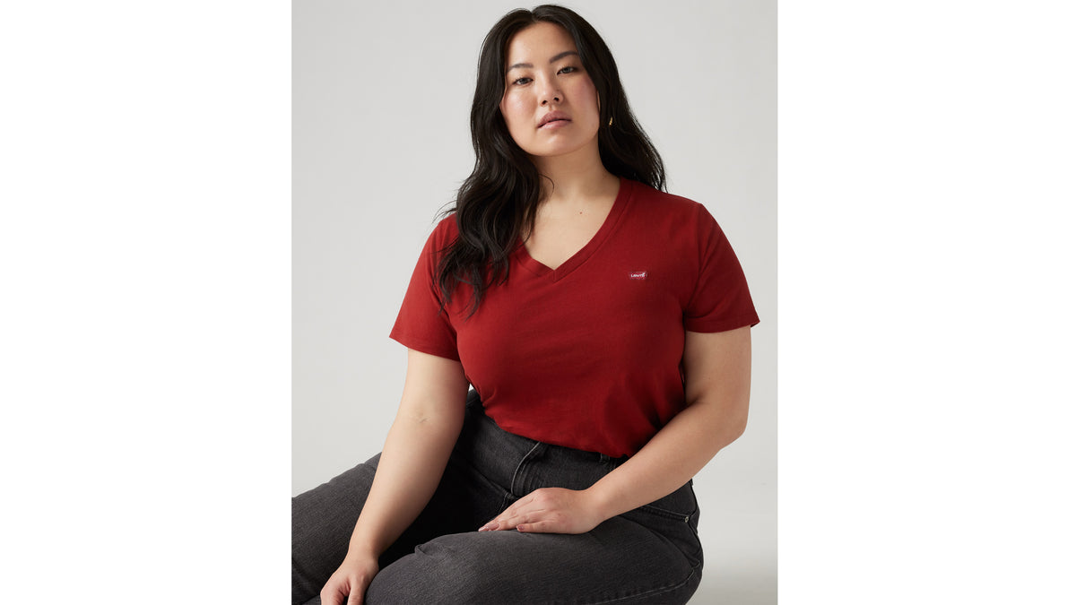 Deep red V-neck tee seated model