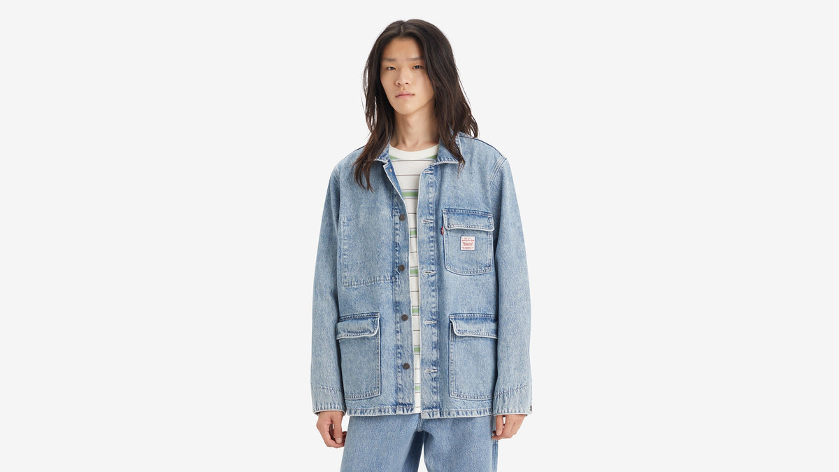 Front-facing shot of Levi’s Men’s Broadway Engineer Coat, modeled