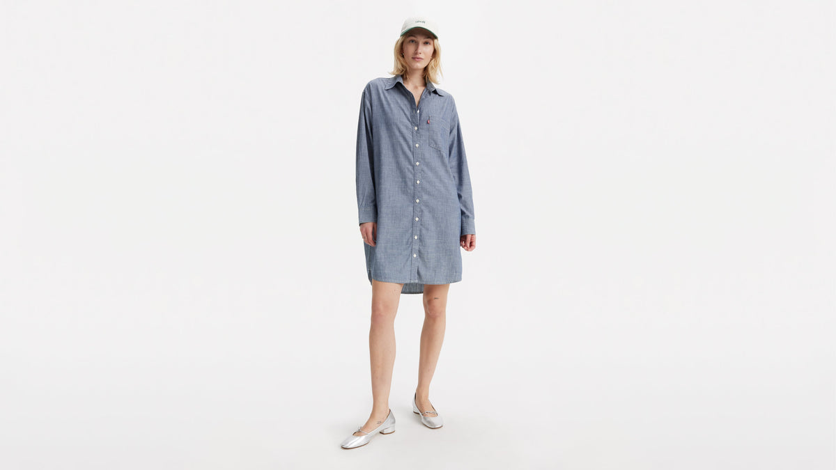 Woman in Levi's long-sleeve denim shirt dress