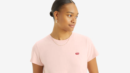 Close-up of woman in pink Levi’s t-shirt