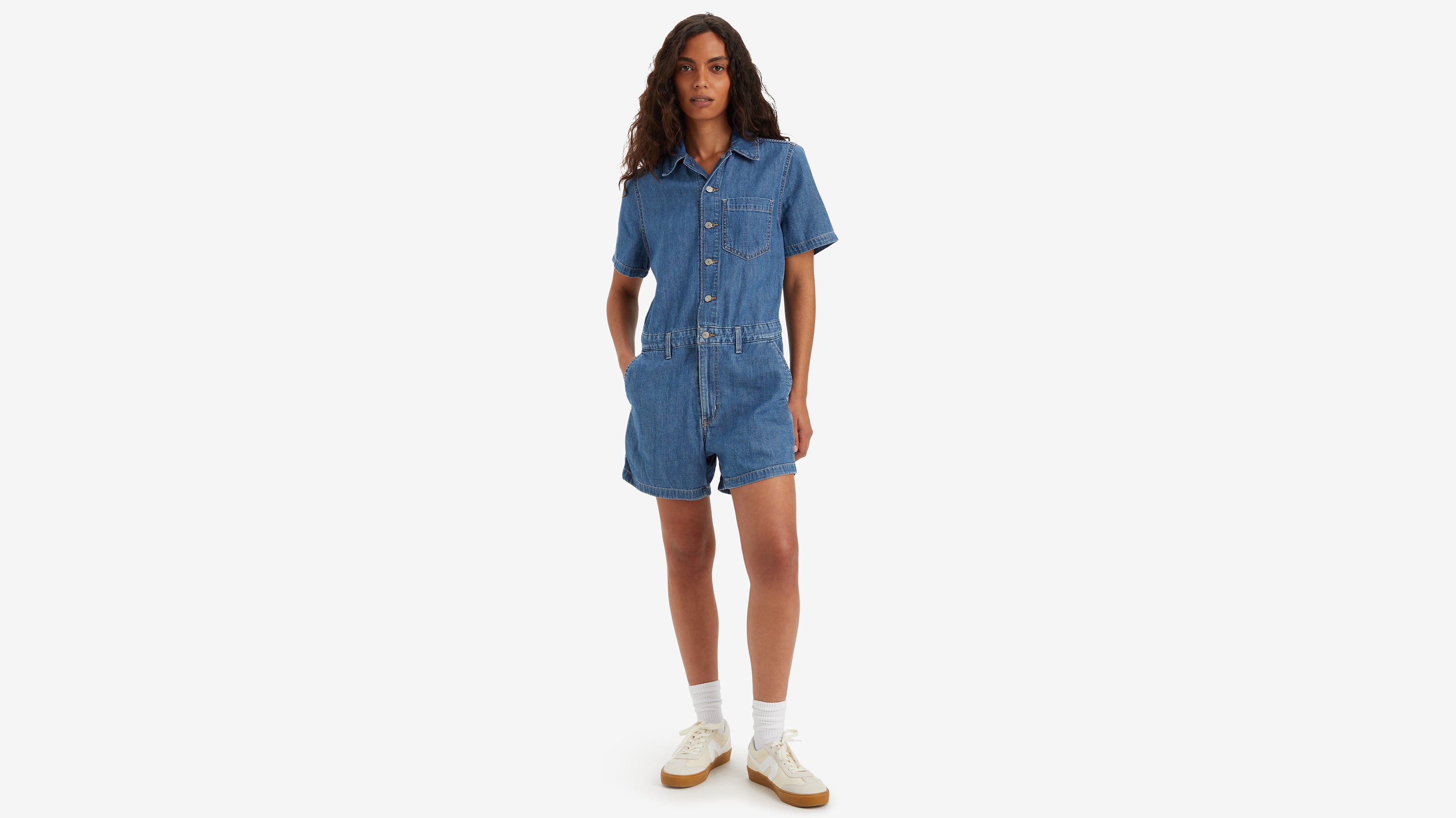 Women s Short Sleeve Heritage Romper in Medium Indigo